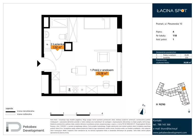1 pokój, apartament inwestycyjny 30,00 m², piętro 4, oferta nr B.4.118, Łacina Spot, Poznań, Rataje, Łacina, ul. Pleszewska 10