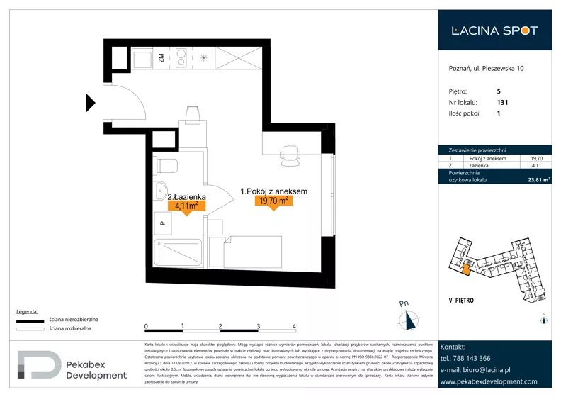 1 pokój, apartament inwestycyjny 23,81 m², piętro 5, oferta nr B.5.131, Łacina Spot, Poznań, Rataje, Łacina, ul. Pleszewska 10