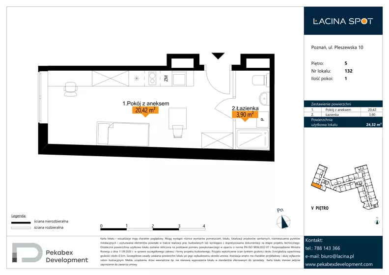 1 pokój, apartament inwestycyjny 24,32 m², piętro 5, oferta nr B.5.132, Łacina Spot, Poznań, Rataje, Łacina, ul. Pleszewska 10