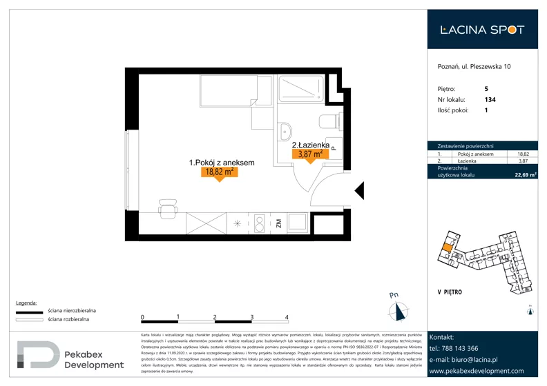 1 pokój, apartament inwestycyjny 22,69 m², piętro 5, oferta nr B.5.134, Łacina Spot, Poznań, Rataje, Łacina, ul. Pleszewska 10