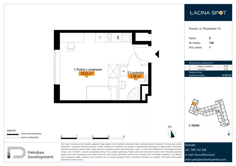 1 pokój, apartament inwestycyjny 21,93 m², piętro 5, oferta nr B.5.135, Łacina Spot, Poznań, Rataje, Łacina, ul. Pleszewska 10