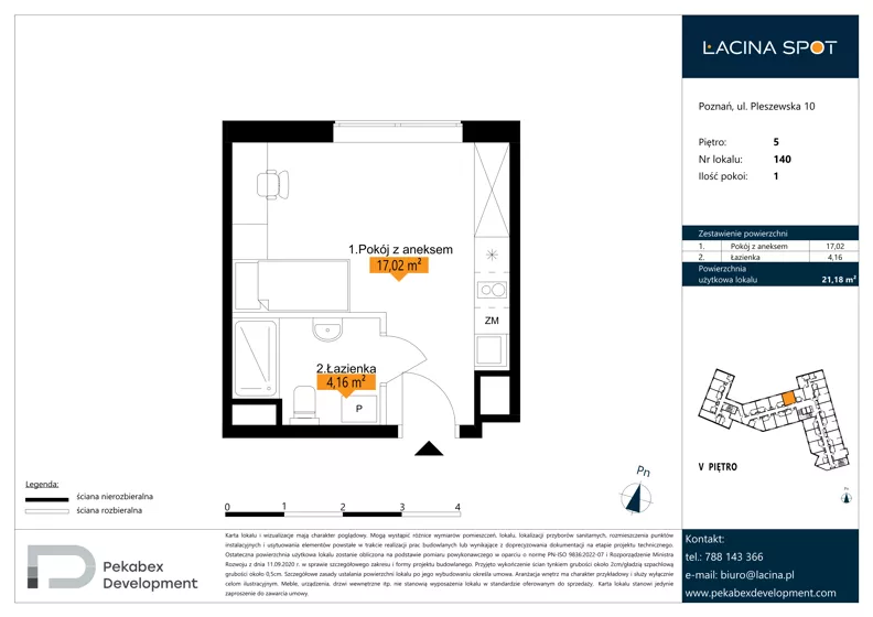 1 pokój, apartament inwestycyjny 21,18 m², piętro 5, oferta nr B.5.140, Łacina Spot, Poznań, Rataje, Łacina, ul. Pleszewska 10