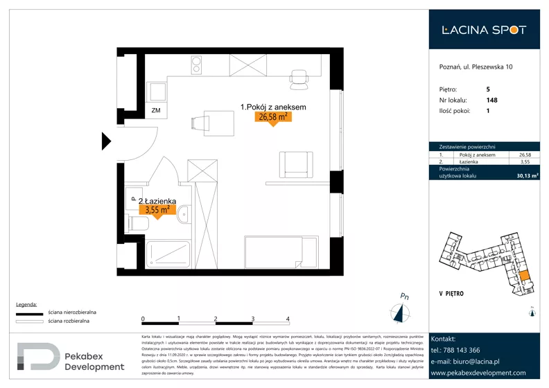 1 pokój, apartament inwestycyjny 30,13 m², piętro 5, oferta nr B.5.148, Łacina Spot, Poznań, Rataje, Łacina, ul. Pleszewska 10