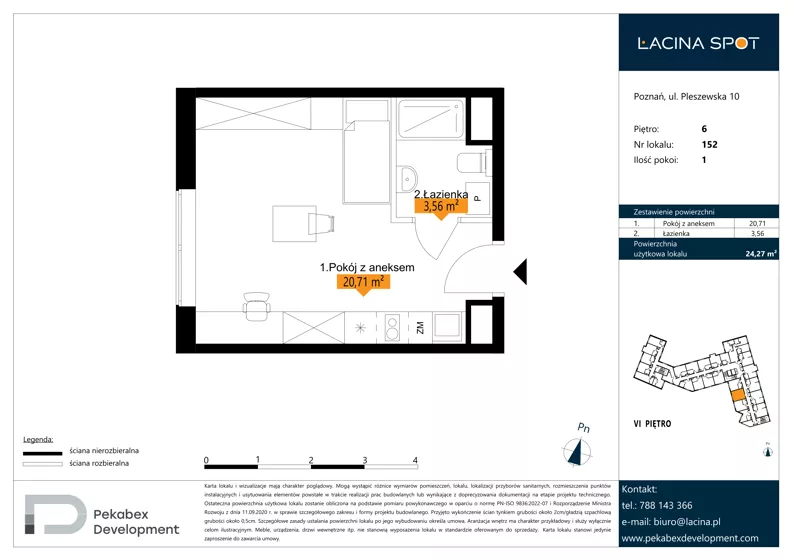 1 pokój, apartament inwestycyjny 24,27 m², piętro 6, oferta nr B.6.152, Łacina Spot, Poznań, Rataje, Łacina, ul. Pleszewska 10