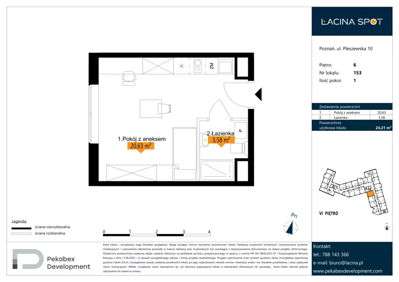 1 pokój, apartament inwestycyjny 24,21 m², piętro 6, oferta nr B.6.153, Łacina Spot, Poznań, Rataje, Łacina, ul. Pleszewska 10