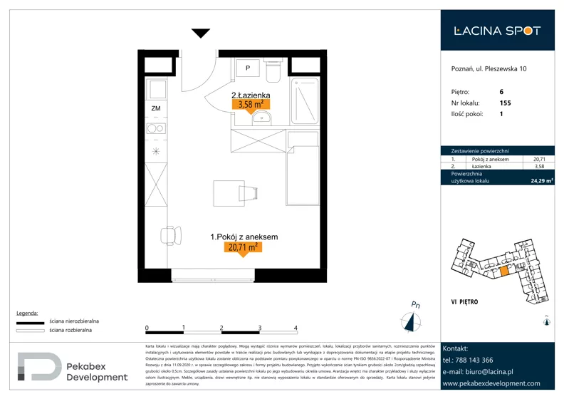 1 pokój, apartament inwestycyjny 24,29 m², piętro 6, oferta nr B.6.155, Łacina Spot, Poznań, Rataje, Łacina, ul. Pleszewska 10