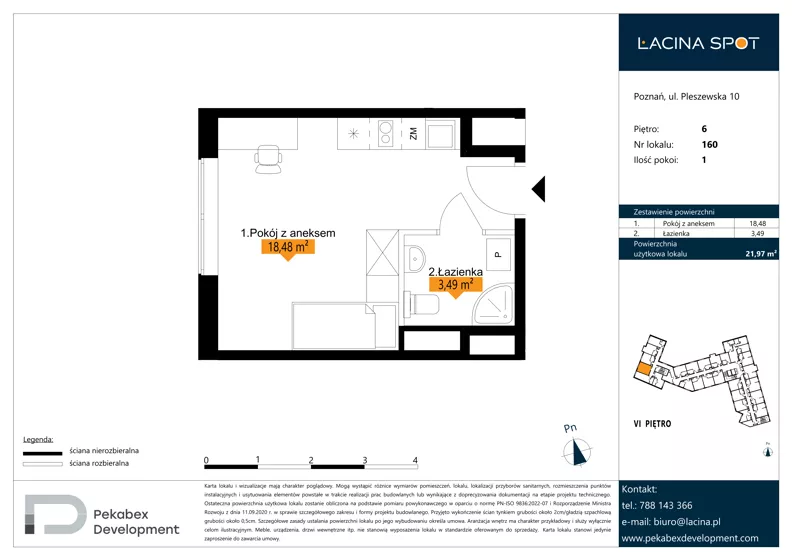 1 pokój, apartament inwestycyjny 21,97 m², piętro 6, oferta nr B.6.160, Łacina Spot, Poznań, Rataje, Łacina, ul. Pleszewska 10