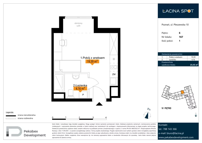 1 pokój, apartament inwestycyjny 23,55 m², piętro 6, oferta nr B.6.167, Łacina Spot, Poznań, Rataje, Łacina, ul. Pleszewska 10