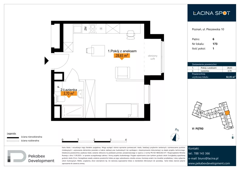1 pokój, apartament inwestycyjny 32,35 m², piętro 6, oferta nr B.6.173, Łacina Spot, Poznań, Rataje, Łacina, ul. Pleszewska 10