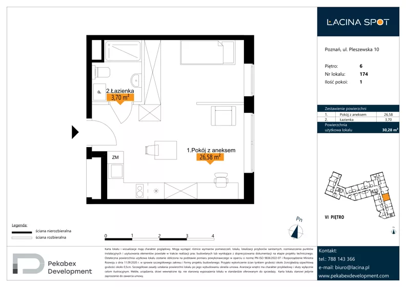 1 pokój, apartament inwestycyjny 30,28 m², piętro 6, oferta nr B.6.174, Łacina Spot, Poznań, Rataje, Łacina, ul. Pleszewska 10