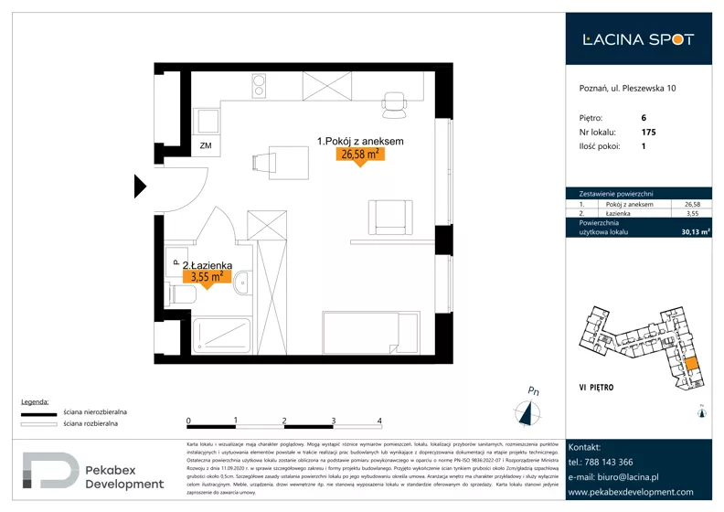 1 pokój, apartament inwestycyjny 30,13 m², piętro 6, oferta nr B.6.175, Łacina Spot, Poznań, Rataje, Łacina, ul. Pleszewska 10