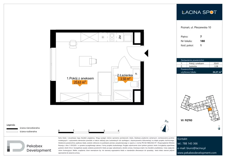 1 pokój, apartament inwestycyjny 24,21 m², piętro 7, oferta nr B.7.180, Łacina Spot, Poznań, Rataje, Łacina, ul. Pleszewska 10