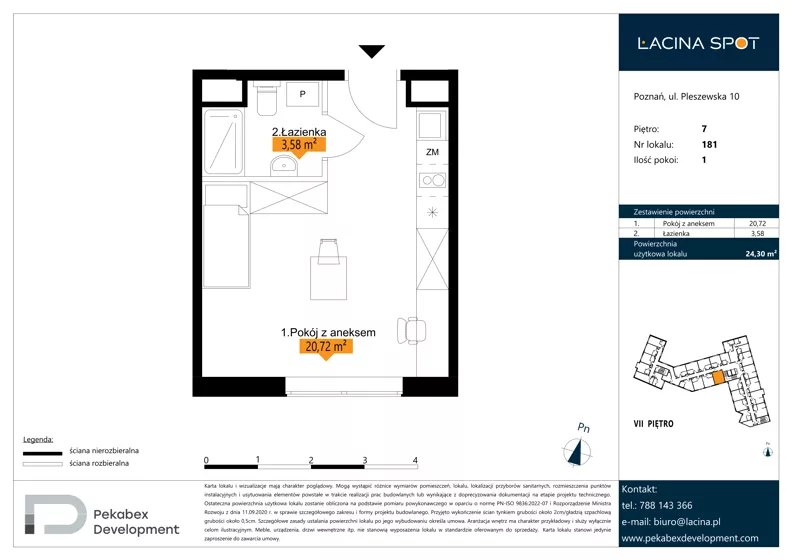 1 pokój, apartament inwestycyjny 24,30 m², piętro 7, oferta nr B.7.181, Łacina Spot, Poznań, Rataje, Łacina, ul. Pleszewska 10