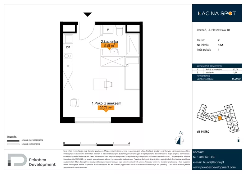 1 pokój, apartament inwestycyjny 24,29 m², piętro 7, oferta nr B.7.182, Łacina Spot, Poznań, Rataje, Łacina, ul. Pleszewska 10