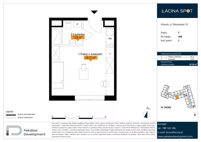 1 pokój, apartament inwestycyjny 24,30 m², piętro 7, oferta nr B.7.183, Łacina Spot, Poznań, Rataje, Łacina, ul. Pleszewska 10