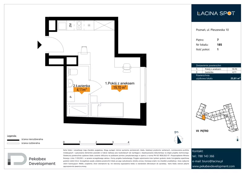 1 pokój, apartament inwestycyjny 23,81 m², piętro 7, oferta nr B.7.185, Łacina Spot, Poznań, Rataje, Łacina, ul. Pleszewska 10