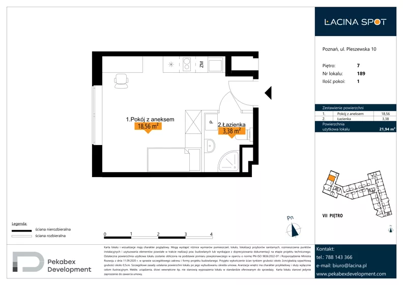 1 pokój, apartament inwestycyjny 21,94 m², piętro 7, oferta nr B.7.189, Łacina Spot, Poznań, Rataje, Łacina, ul. Pleszewska 10