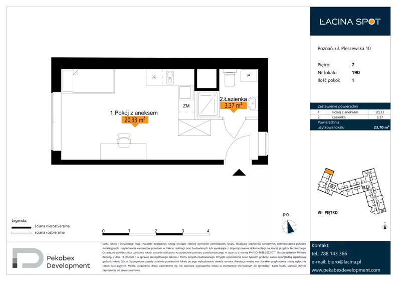 1 pokój, apartament inwestycyjny 23,70 m², piętro 7, oferta nr B.7.190, Łacina Spot, Poznań, Rataje, Łacina, ul. Pleszewska 10