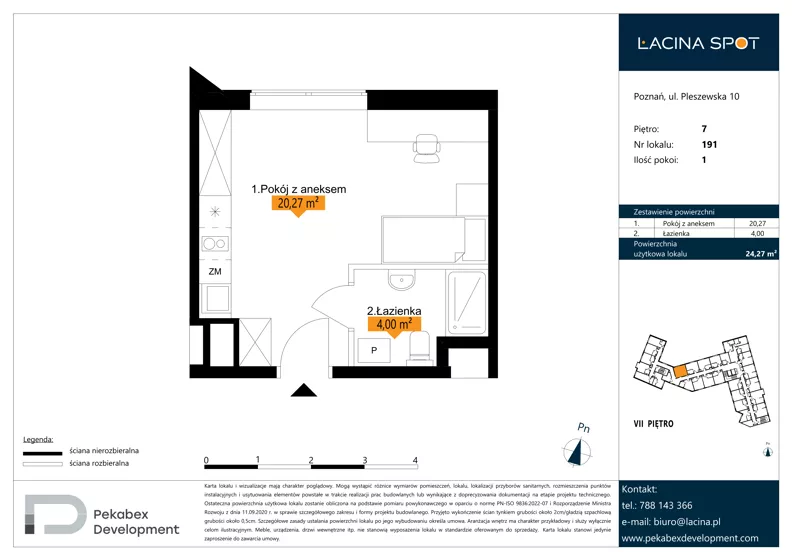 1 pokój, apartament inwestycyjny 24,27 m², piętro 7, oferta nr B.7.191, Łacina Spot, Poznań, Rataje, Łacina, ul. Pleszewska 10