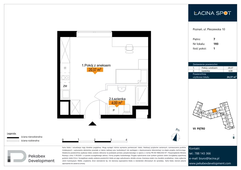 1 pokój, apartament inwestycyjny 24,37 m², piętro 7, oferta nr B.7.193, Łacina Spot, Poznań, Rataje, Łacina, ul. Pleszewska 10
