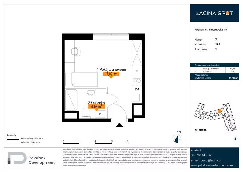1 pokój, apartament inwestycyjny 21,18 m², piętro 7, oferta nr B.7.194, Łacina Spot, Poznań, Rataje, Łacina, ul. Pleszewska 10