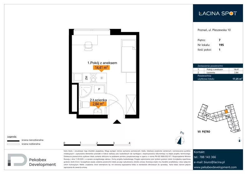 1 pokój, apartament inwestycyjny 17,25 m², piętro 7, oferta nr B.7.195, Łacina Spot, Poznań, Rataje, Łacina, ul. Pleszewska 10