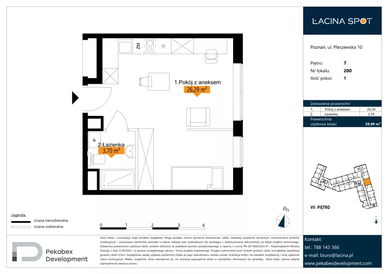 1 pokój, apartament inwestycyjny 29,99 m², piętro 7, oferta nr B.7.200, Łacina Spot, Poznań, Rataje, Łacina, ul. Pleszewska 10