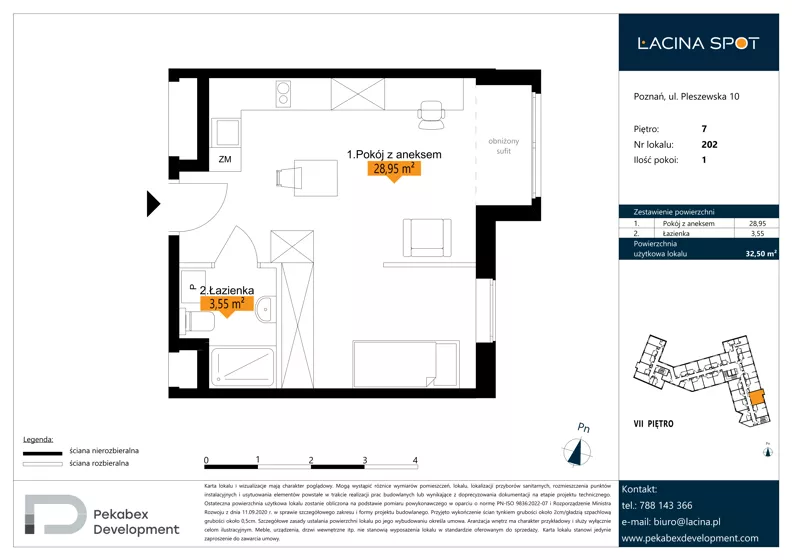 1 pokój, apartament inwestycyjny 32,50 m², piętro 7, oferta nr B.7.202, Łacina Spot, Poznań, Rataje, Łacina, ul. Pleszewska 10