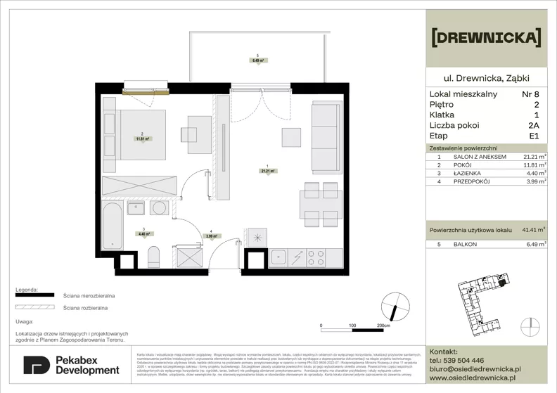2 pokoje, mieszkanie 41,41 m², piętro 2, oferta nr E1.8, Drewnicka, Ząbki, ul. Drewnicka 7