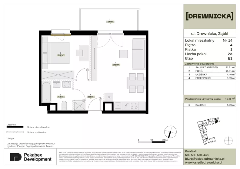 2 pokoje, mieszkanie 41,41 m², piętro 4, oferta nr E1.14, Drewnicka, Ząbki, ul. Drewnicka 7