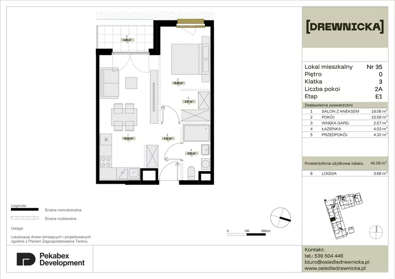 2 pokoje, mieszkanie 40,58 m², parter, oferta nr E1.35, Drewnicka, Ząbki, ul. Drewnicka 7