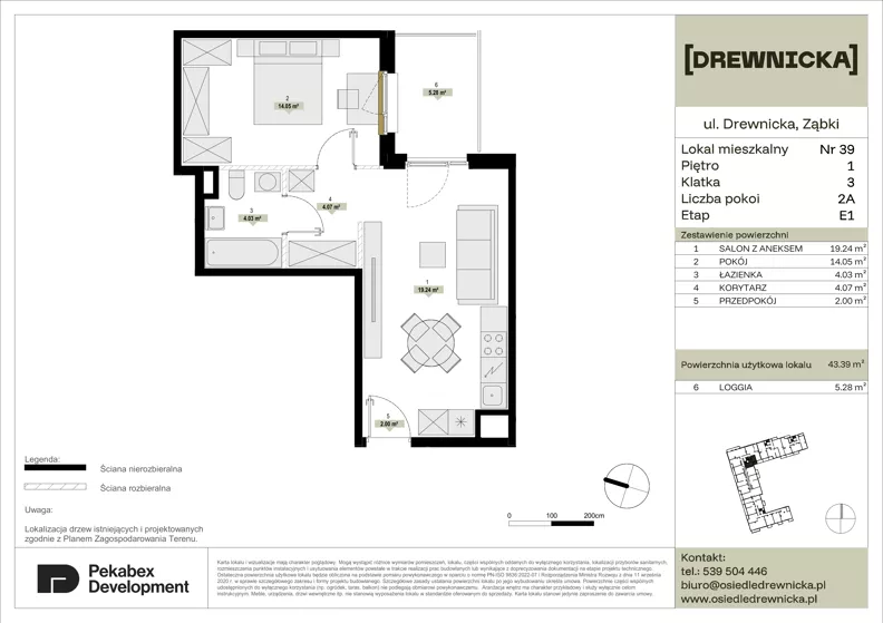 2 pokoje, mieszkanie 43,39 m², piętro 1, oferta nr E1.39, Drewnicka, Ząbki, ul. Drewnicka 7
