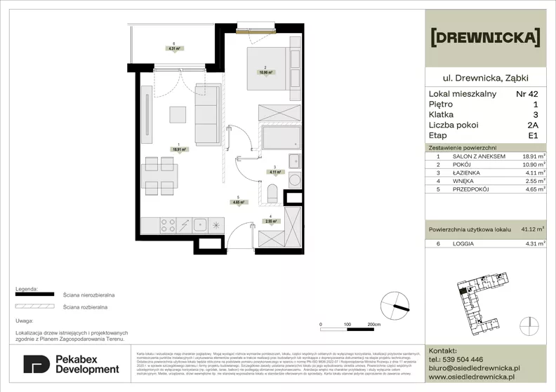 2 pokoje, mieszkanie 41,12 m², piętro 1, oferta nr E1.42, Drewnicka, Ząbki, ul. Drewnicka 7