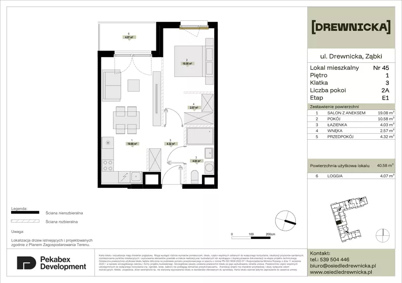 2 pokoje, mieszkanie 40,58 m², piętro 1, oferta nr E1.45, Drewnicka, Ząbki, ul. Drewnicka 7
