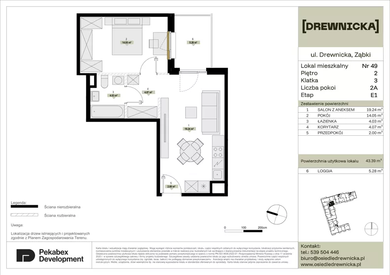 2 pokoje, mieszkanie 43,39 m², piętro 2, oferta nr E1.49, Drewnicka, Ząbki, ul. Drewnicka 7