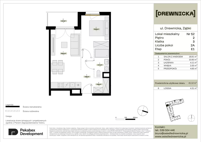 2 pokoje, mieszkanie 41,12 m², piętro 2, oferta nr E1.52, Drewnicka, Ząbki, ul. Drewnicka 7