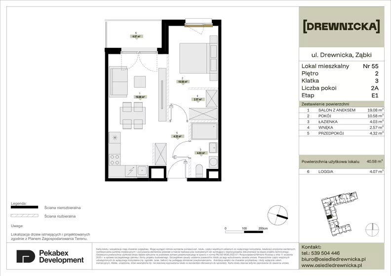 2 pokoje, mieszkanie 40,58 m², piętro 2, oferta nr E1.55, Drewnicka, Ząbki, ul. Drewnicka 7