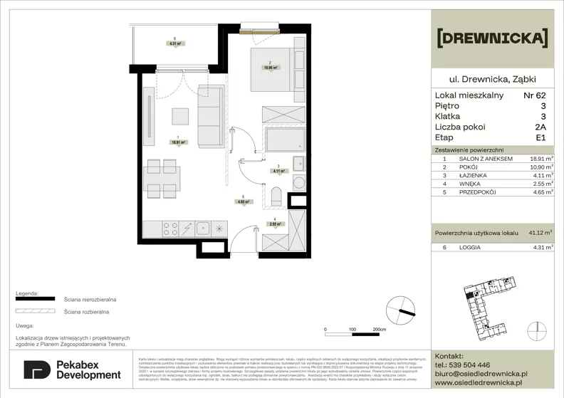 2 pokoje, mieszkanie 41,12 m², piętro 3, oferta nr E1.62, Drewnicka, Ząbki, ul. Drewnicka 7