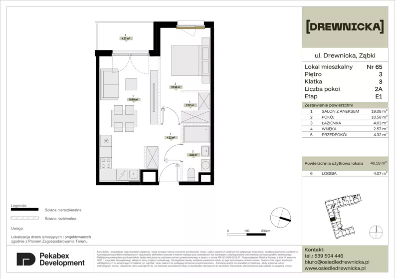 2 pokoje, mieszkanie 40,58 m², piętro 3, oferta nr E1.65, Drewnicka, Ząbki, ul. Drewnicka 7