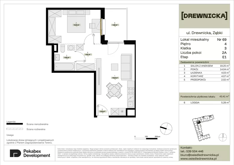 2 pokoje, mieszkanie 43,41 m², piętro 4, oferta nr E1.69, Drewnicka, Ząbki, ul. Drewnicka 7