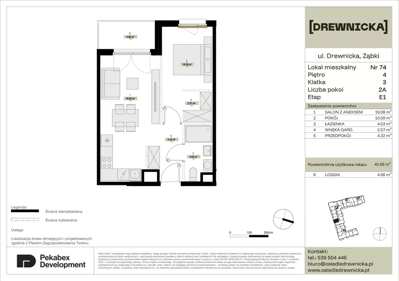 2 pokoje, mieszkanie 40,58 m², piętro 4, oferta nr E1.74, Drewnicka, Ząbki, ul. Drewnicka 7