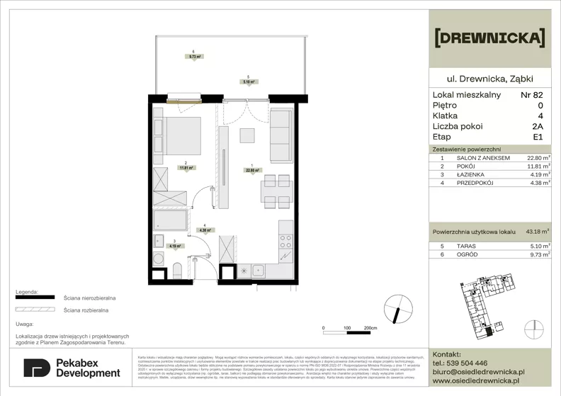 2 pokoje, mieszkanie 43,18 m², parter, oferta nr E1.82, Drewnicka, Ząbki, ul. Drewnicka 7