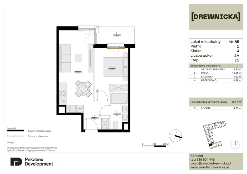2 pokoje, mieszkanie 39,97 m², piętro 1, oferta nr E1.85, Drewnicka, Ząbki, ul. Drewnicka 7