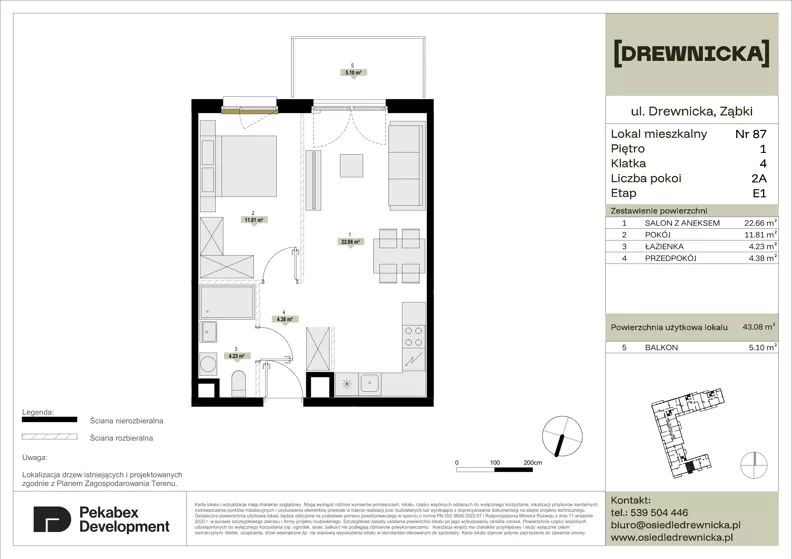 2 pokoje, mieszkanie 43,08 m², piętro 1, oferta nr E1.87, Drewnicka, Ząbki, ul. Drewnicka 7