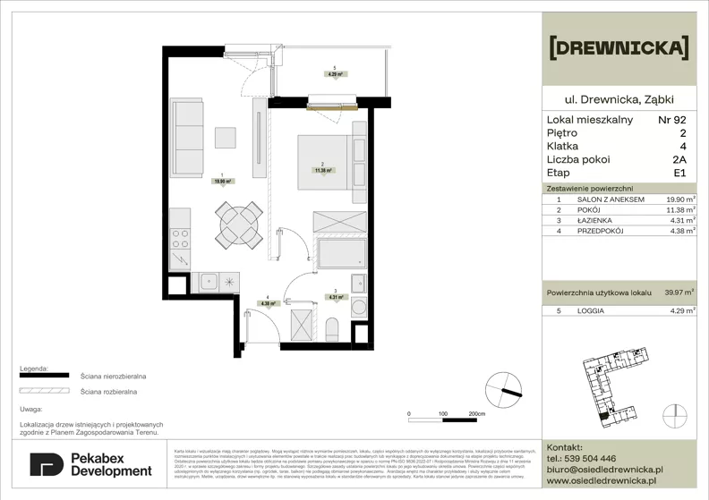2 pokoje, mieszkanie 39,97 m², piętro 2, oferta nr E1.92, Drewnicka, Ząbki, ul. Drewnicka 7