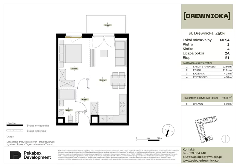 2 pokoje, mieszkanie 43,08 m², piętro 2, oferta nr E1.94, Drewnicka, Ząbki, ul. Drewnicka 7