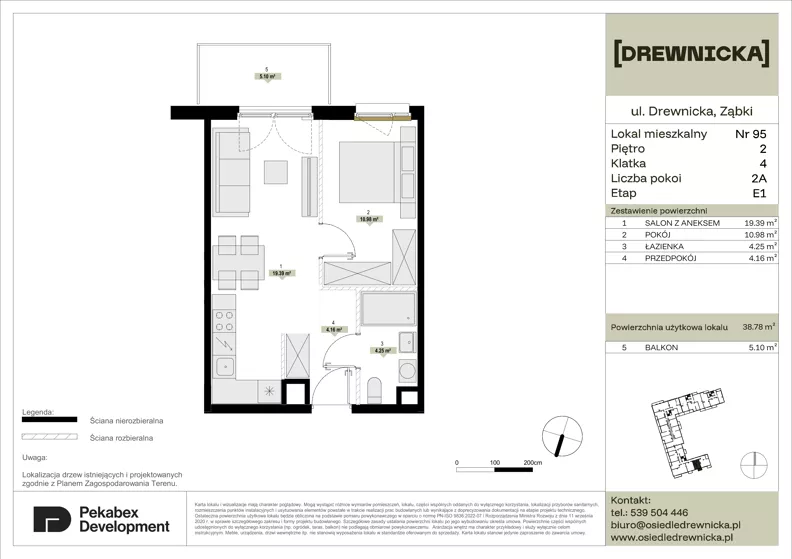 2 pokoje, mieszkanie 38,78 m², piętro 2, oferta nr E1.95, Drewnicka, Ząbki, ul. Drewnicka 7