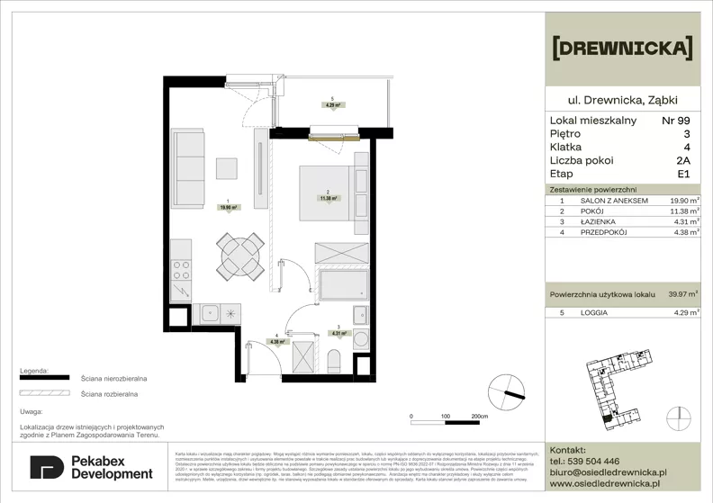 2 pokoje, mieszkanie 39,97 m², piętro 3, oferta nr E1.99, Drewnicka, Ząbki, ul. Drewnicka 7