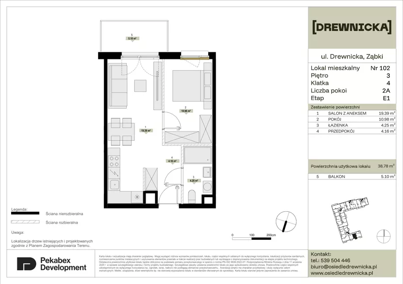 2 pokoje, mieszkanie 38,78 m², piętro 3, oferta nr E1.102, Drewnicka, Ząbki, ul. Drewnicka 7
