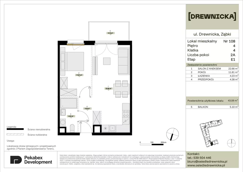 2 pokoje, mieszkanie 43,08 m², piętro 4, oferta nr E1.108, Drewnicka, Ząbki, ul. Drewnicka 7
